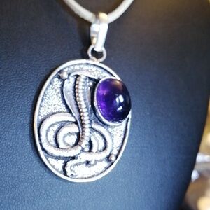 Cobra with natural Amethyst Silver Plated Pendant On Tan Suede Cord Necklace 25"
